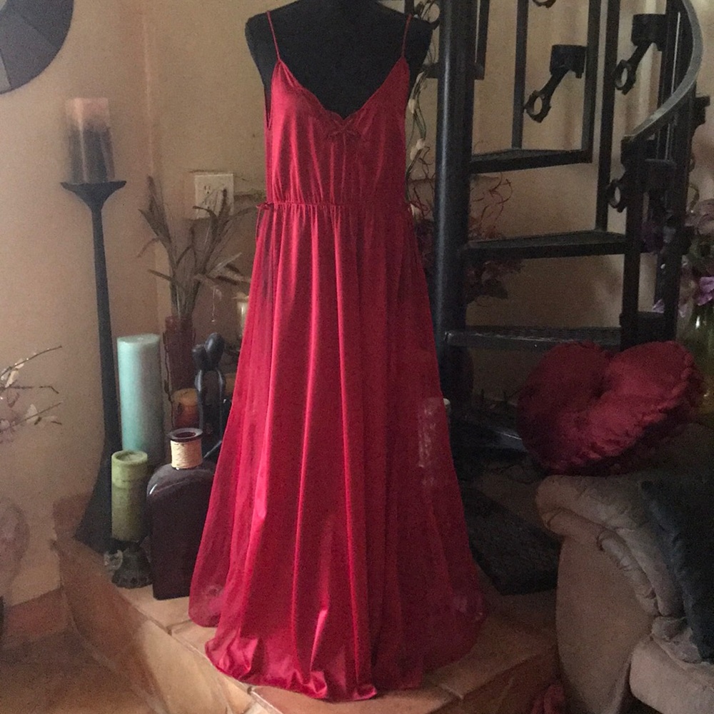 Vintage Red Chiffon Full Sweep Skirt Long Maxi Nightgown Slip Dress Lingerie